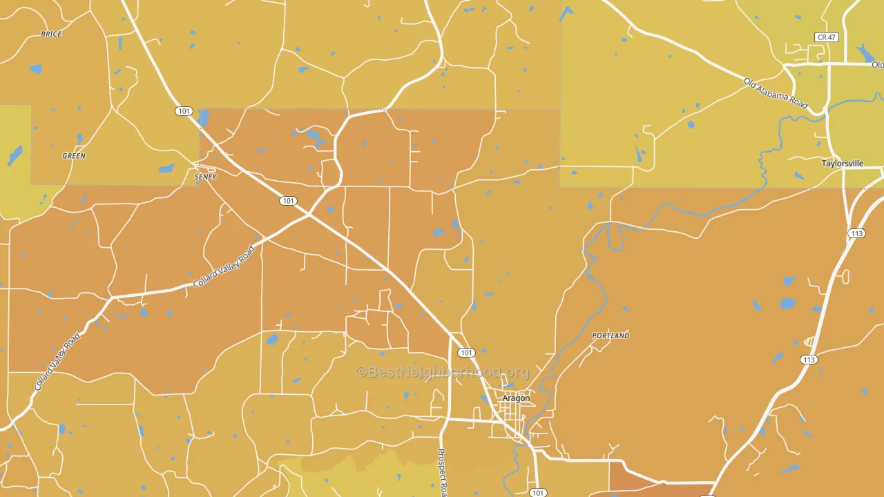 Map of the best neighborhoods in the 30104 area, with better matches in green and worse matches in red