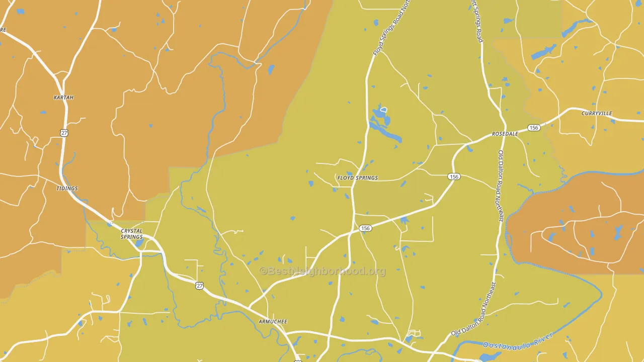 Map of the best neighborhoods in the 30105 area, with better matches in green and worse matches in red