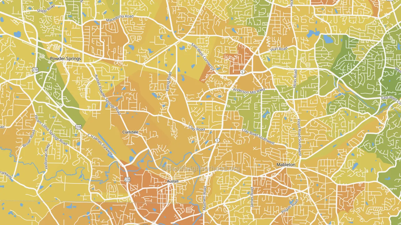 Map of the best neighborhoods in the 30106 area, with better matches in green and worse matches in red