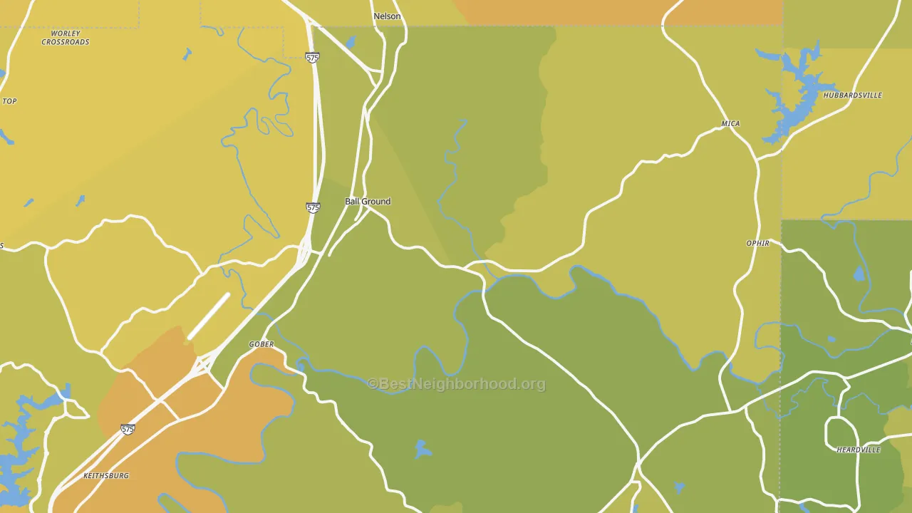 Map of the best neighborhoods in the 30107 area, with better matches in green and worse matches in red
