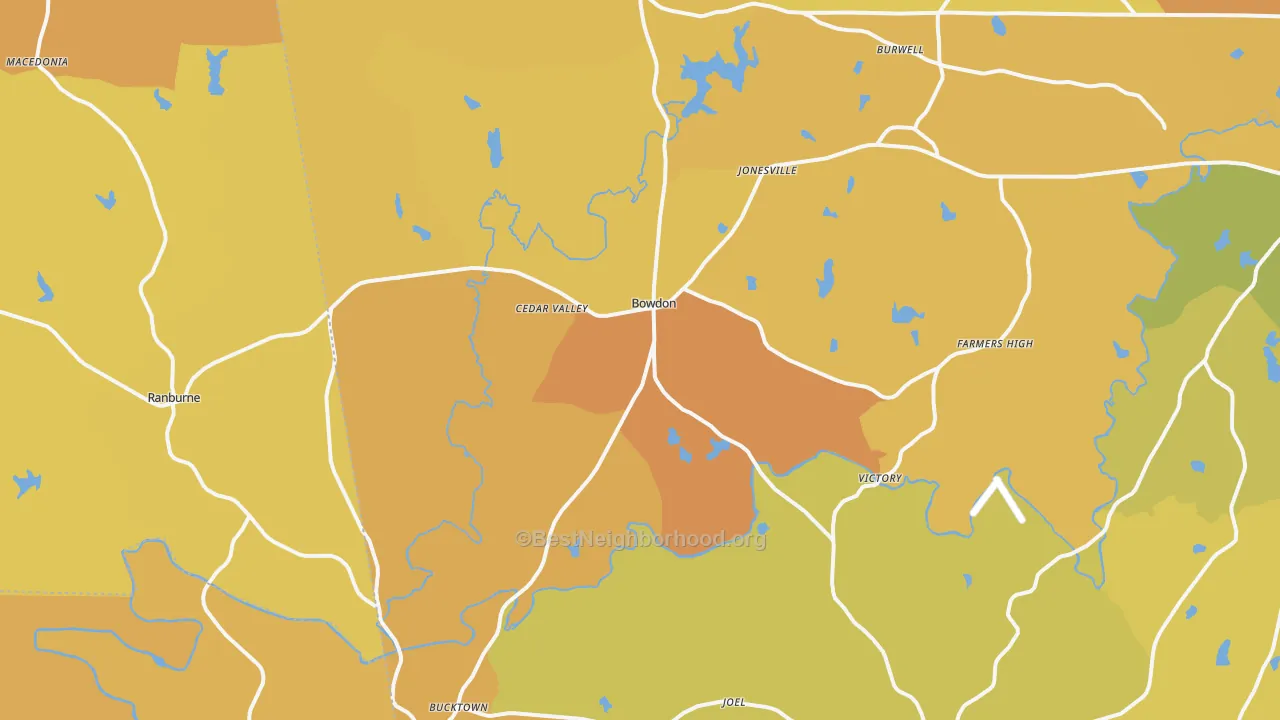Map of the best neighborhoods in the 30108 area, with better matches in green and worse matches in red