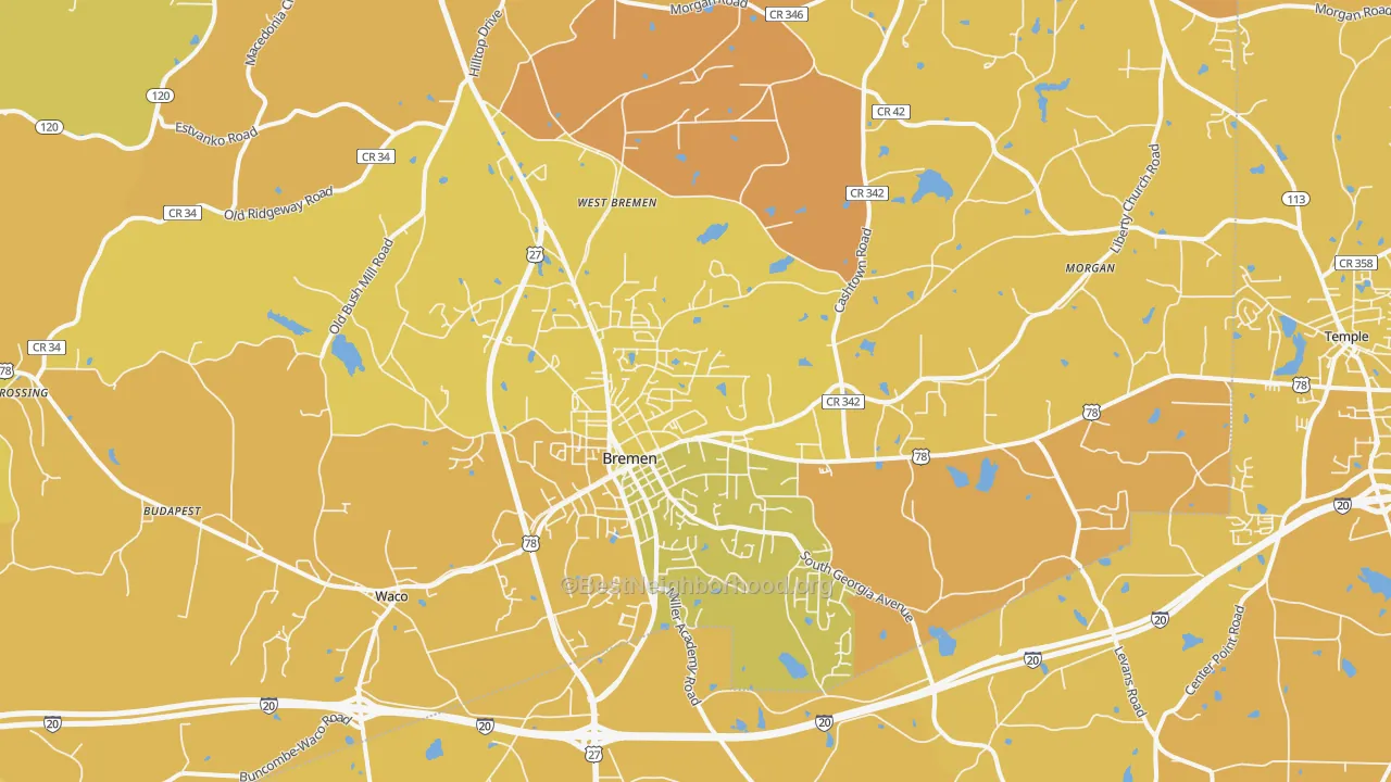 Map of the best neighborhoods in the 30110 area, with better matches in green and worse matches in red