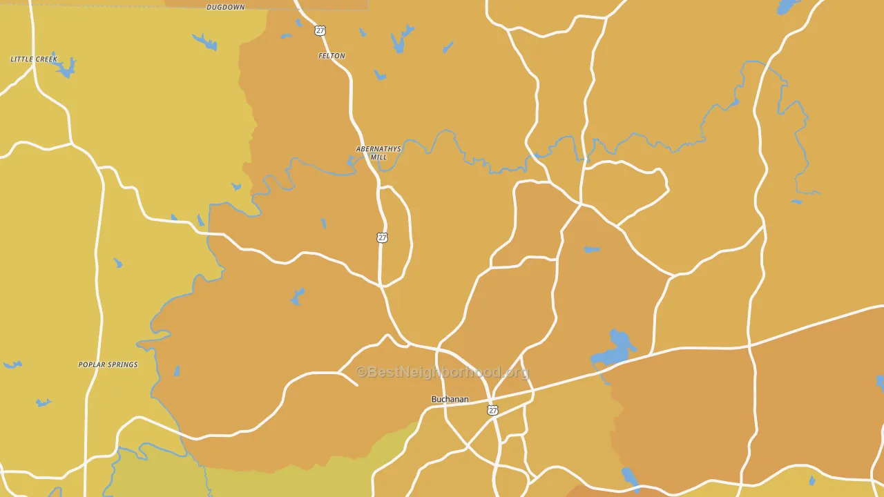 Map of the best neighborhoods in the 30113 area, with better matches in green and worse matches in red