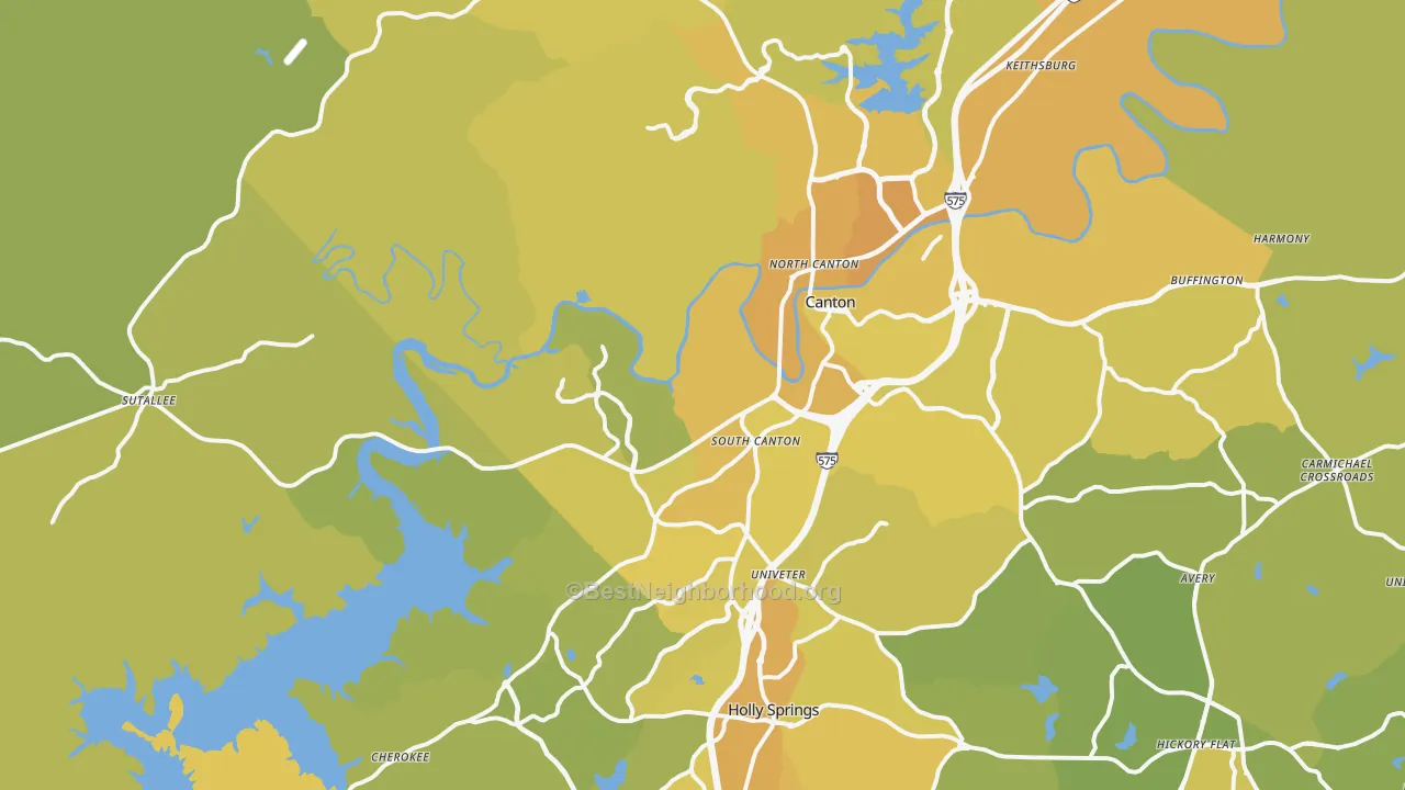 Map of the best neighborhoods in the 30114 area, with better matches in green and worse matches in red
