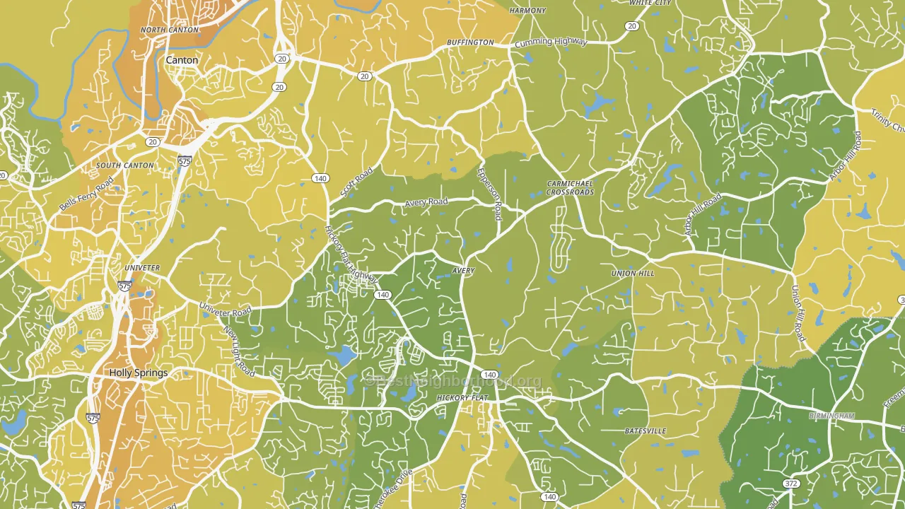 Map of the best neighborhoods in the 30115 area, with better matches in green and worse matches in red