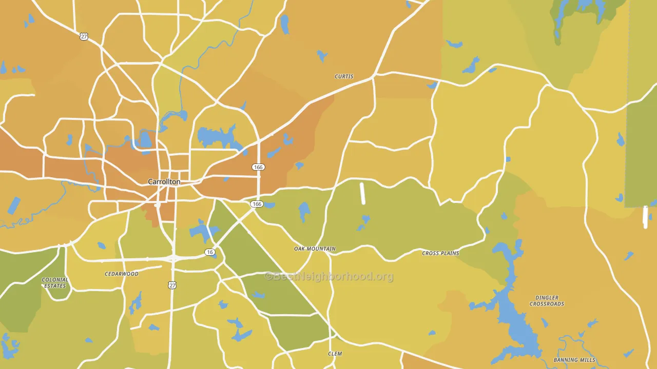 Map of the best neighborhoods in the 30116 area, with better matches in green and worse matches in red