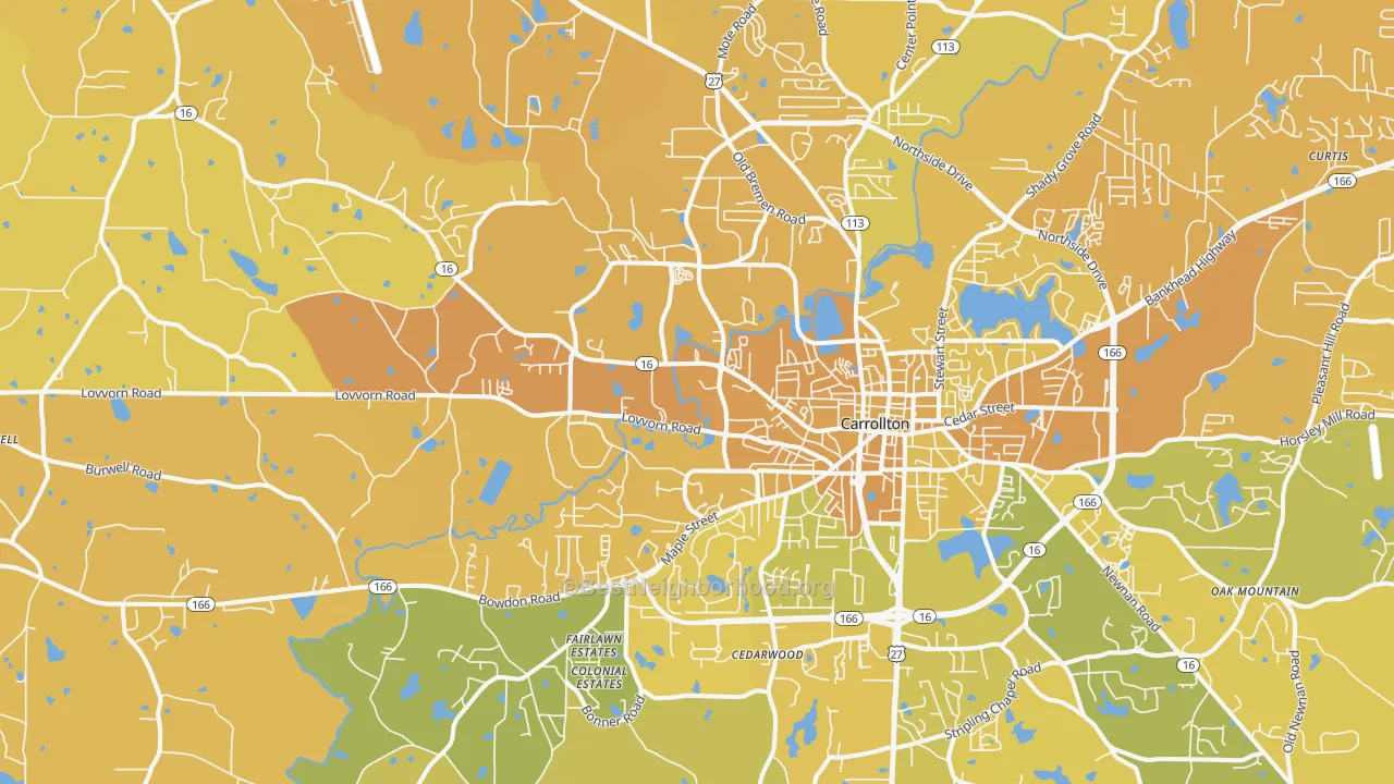 Map of the best neighborhoods in the 30117 area, with better matches in green and worse matches in red