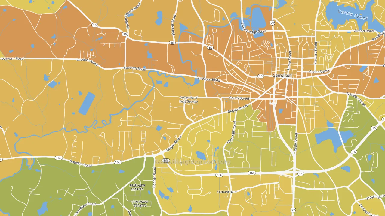 Map of the best neighborhoods in the 30118 area, with better matches in green and worse matches in red