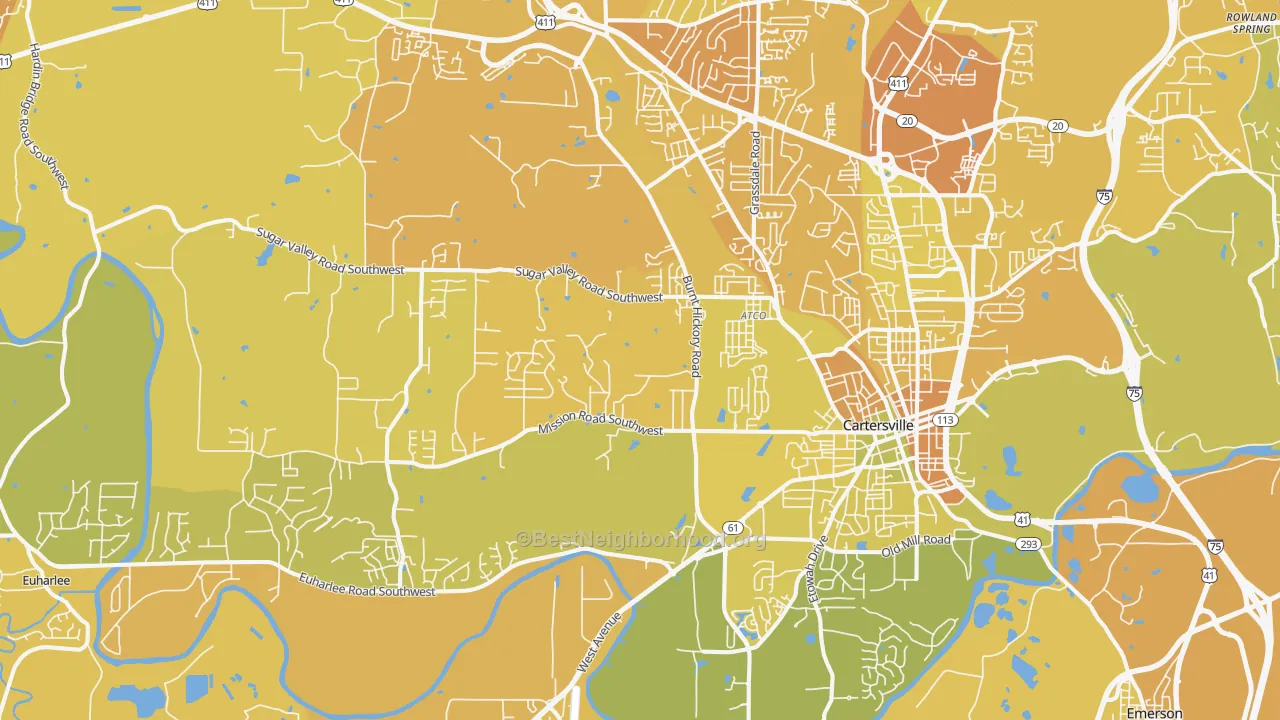 Map of the best neighborhoods in the 30120 area, with better matches in green and worse matches in red