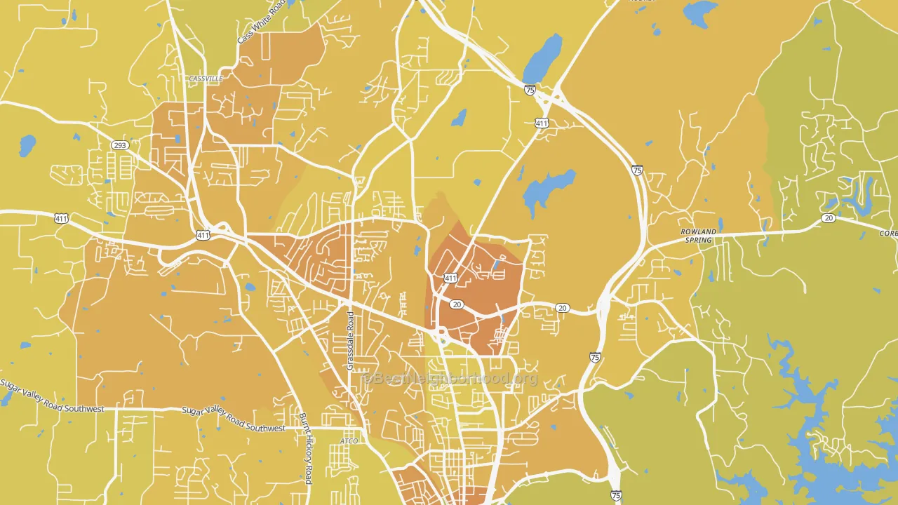 Map of the best neighborhoods in the 30121 area, with better matches in green and worse matches in red