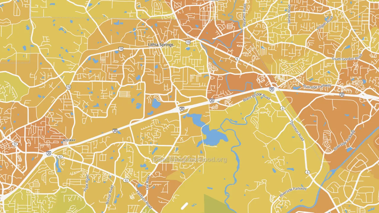 Map of the best neighborhoods in the 30122 area, with better matches in green and worse matches in red