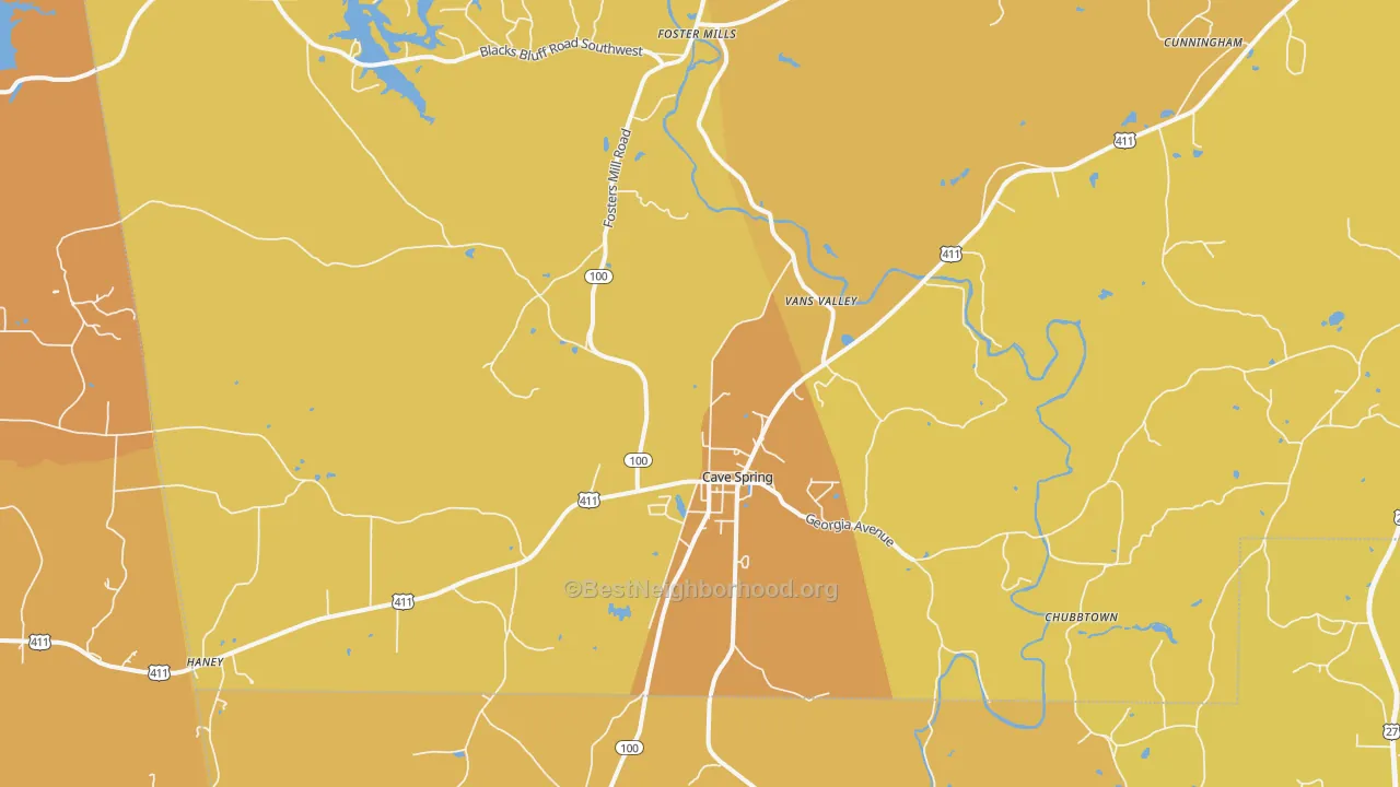 Map of the best neighborhoods in the 30124 area, with better matches in green and worse matches in red