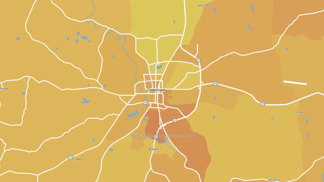 Map of the best neighborhoods in the 30125 area, with better matches in green and worse matches in red