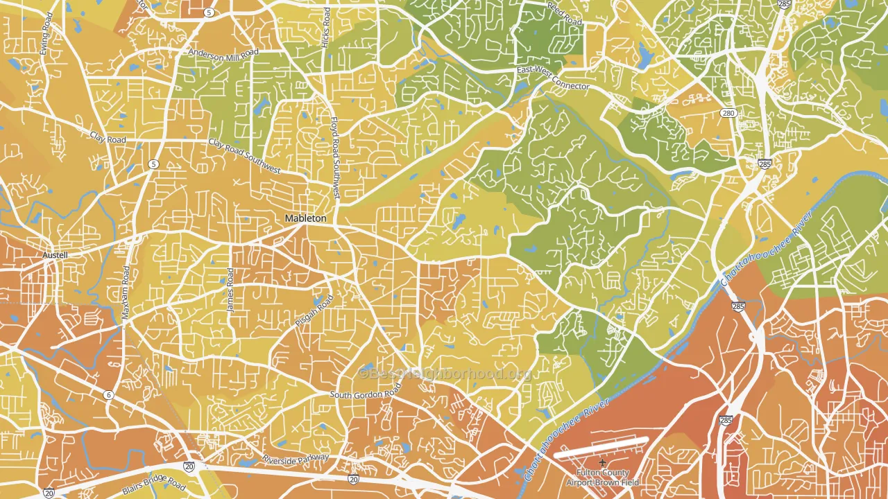 Map of the best neighborhoods in the 30126 area, with better matches in green and worse matches in red