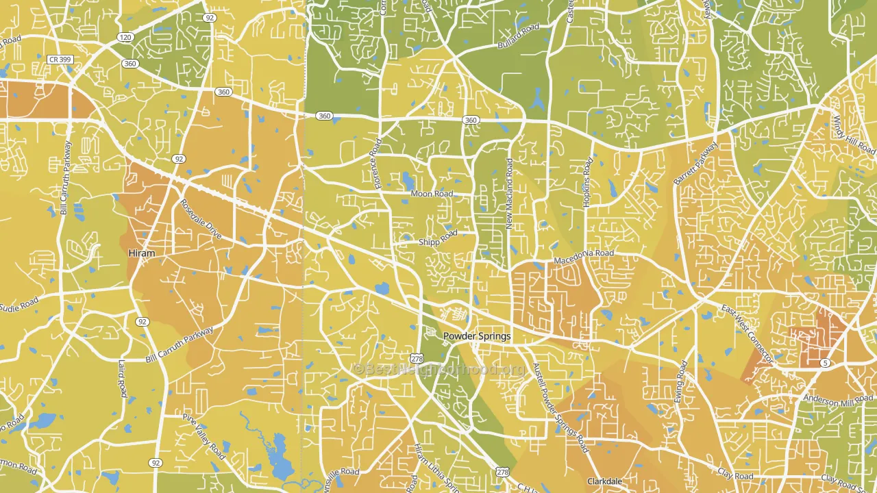 Map of the best neighborhoods in the 30127 area, with better matches in green and worse matches in red