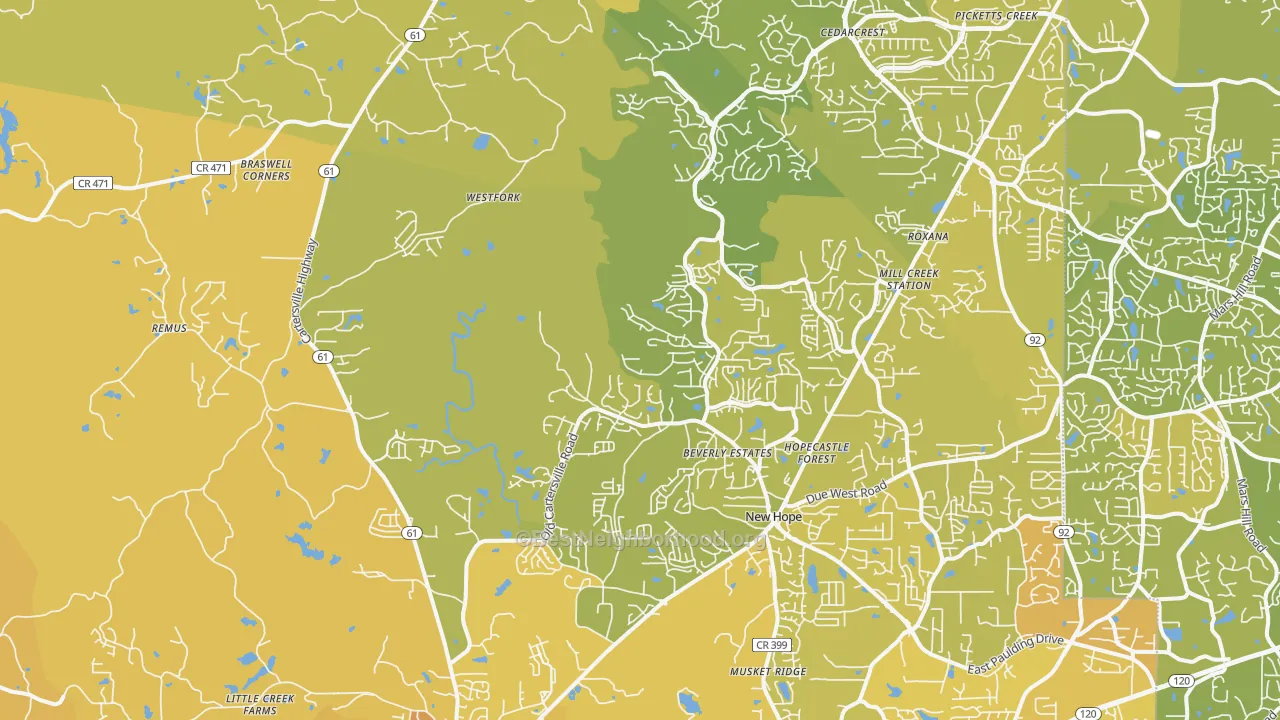 Map of the best neighborhoods in the 30132 area, with better matches in green and worse matches in red