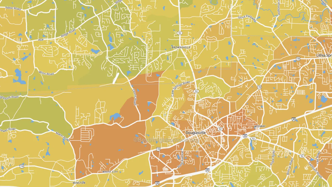 Map of the best neighborhoods in the 30134 area, with better matches in green and worse matches in red
