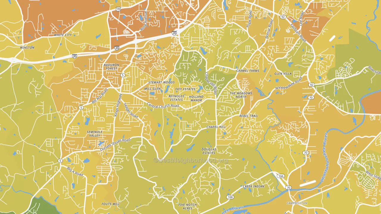 Map of the best neighborhoods in the 30135 area, with better matches in green and worse matches in red