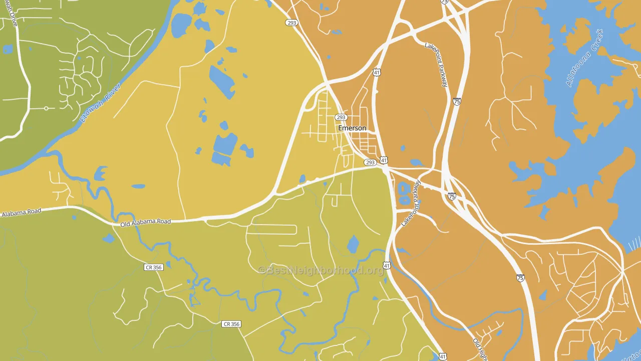 Map of the best neighborhoods in the 30137 area, with better matches in green and worse matches in red
