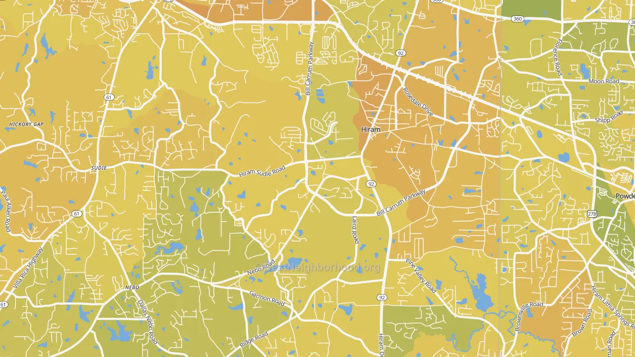 Map of the best neighborhoods in the 30141 area, with better matches in green and worse matches in red