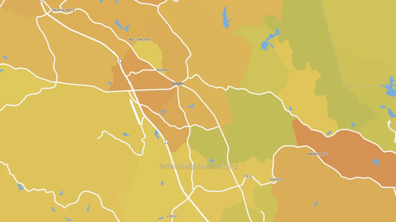 Map of the best neighborhoods in the 30143 area, with better matches in green and worse matches in red