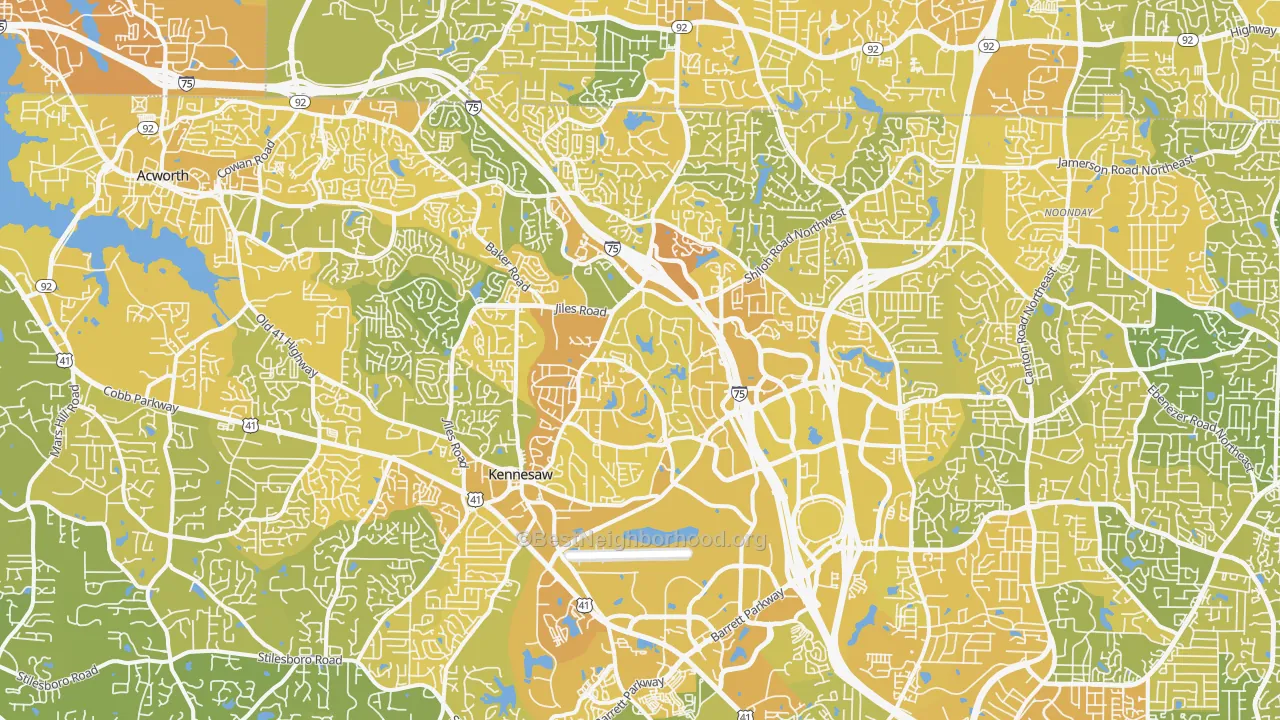 Map of the best neighborhoods in the 30144 area, with better matches in green and worse matches in red
