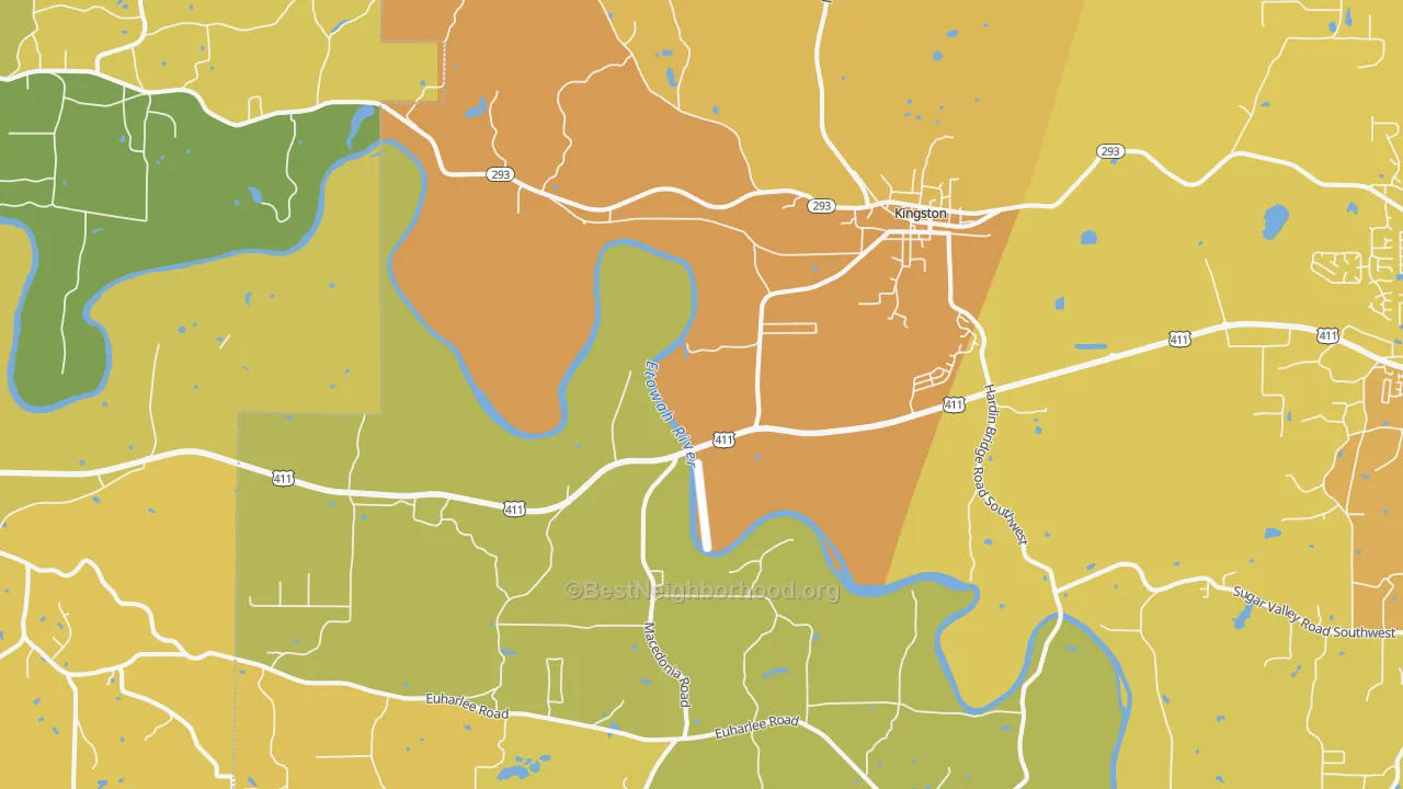Map of the best neighborhoods in the 30145 area, with better matches in green and worse matches in red
