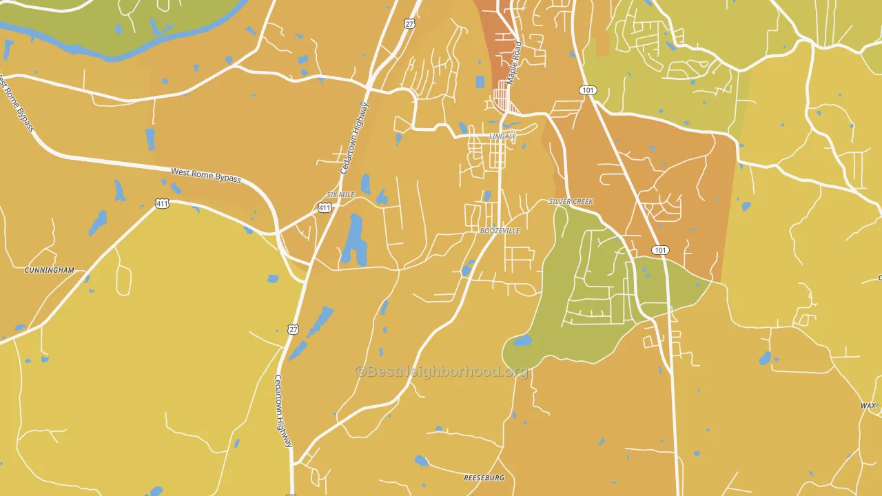 Map of the best neighborhoods in the 30147 area, with better matches in green and worse matches in red