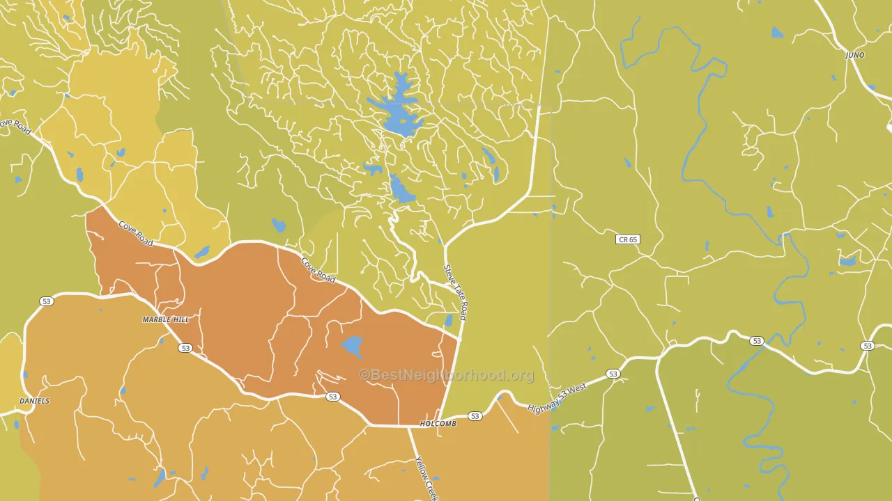 Map of the best neighborhoods in the 30148 area, with better matches in green and worse matches in red