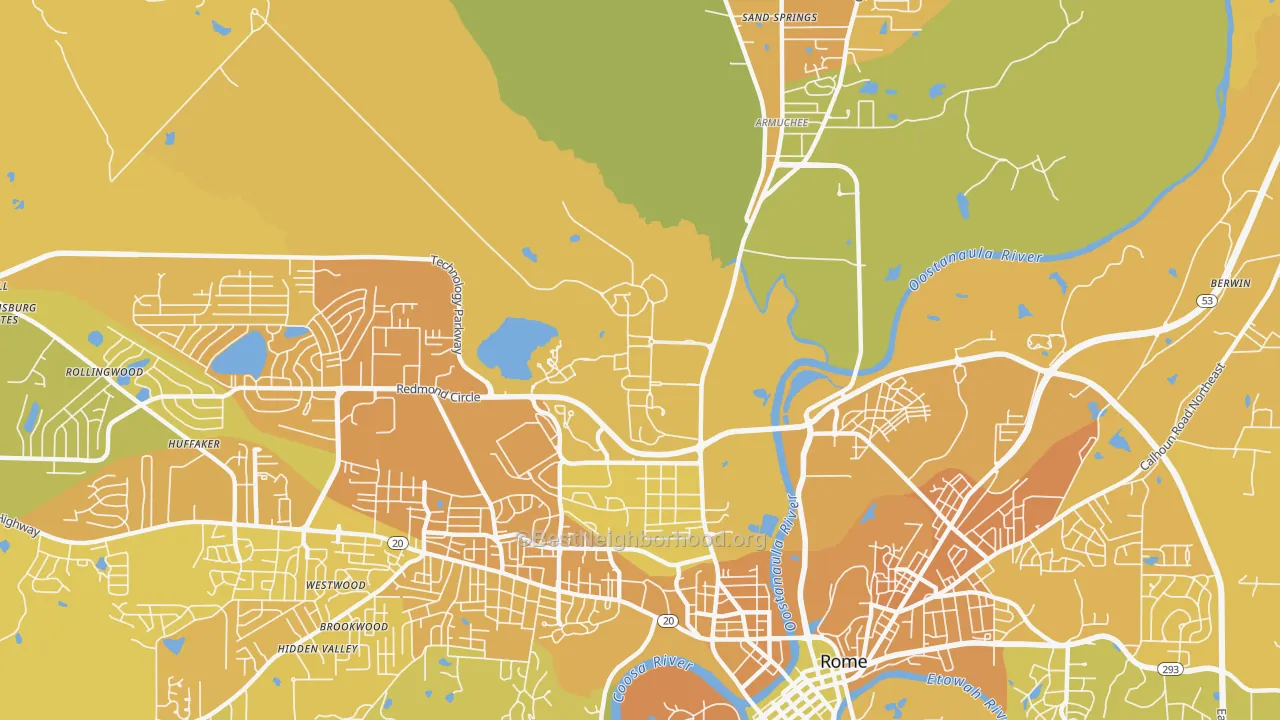 Map of the best neighborhoods in the 30149 area, with better matches in green and worse matches in red