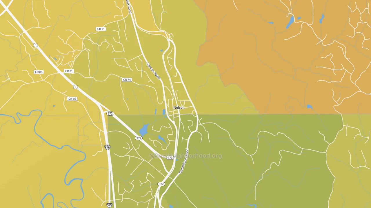 Map of the best neighborhoods in the 30151 area, with better matches in green and worse matches in red