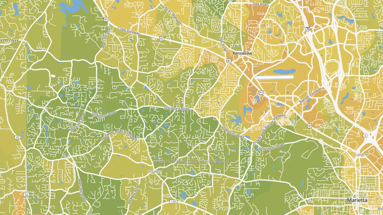 Map of the best neighborhoods in the 30152 area, with better matches in green and worse matches in red