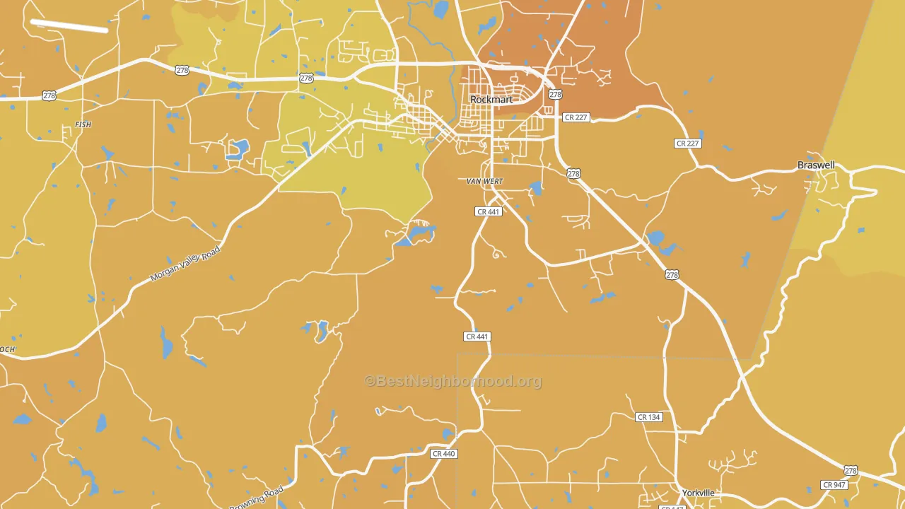 Map of the best neighborhoods in the 30153 area, with better matches in green and worse matches in red