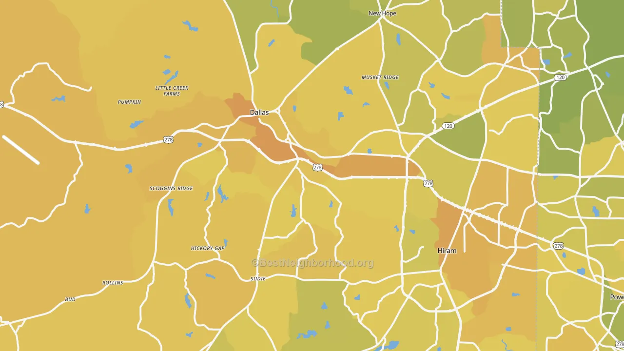 Map of the best neighborhoods in the 30157 area, with better matches in green and worse matches in red