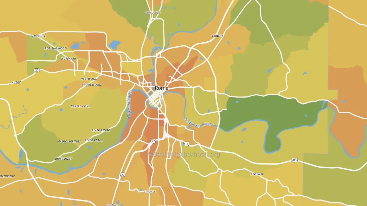 Map of the best neighborhoods in the 30161 area, with better matches in green and worse matches in red