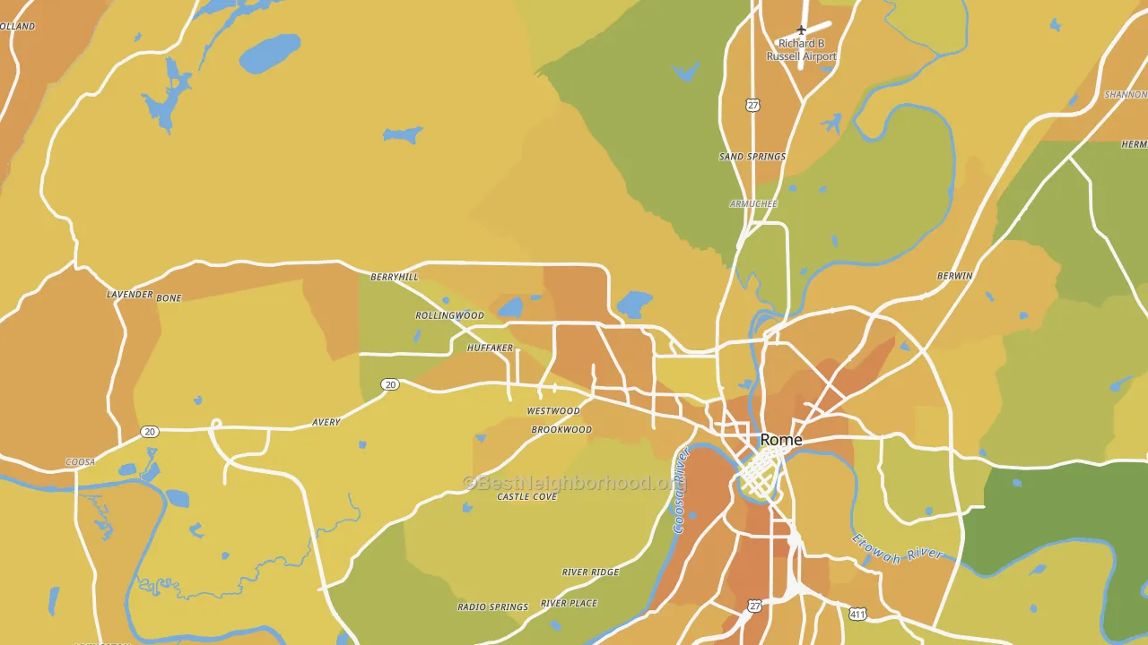 Map of the best neighborhoods in the 30165 area, with better matches in green and worse matches in red