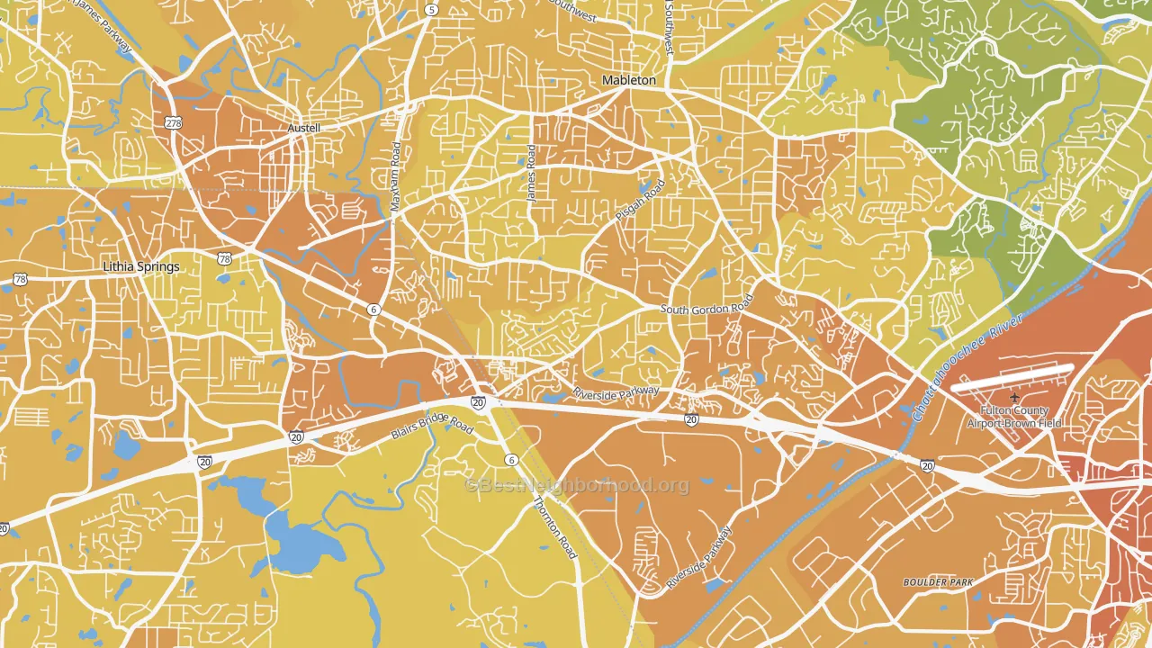 Map of the best neighborhoods in the 30168 area, with better matches in green and worse matches in red