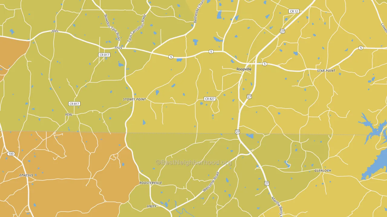 Map of the best neighborhoods in the 30170 area, with better matches in green and worse matches in red