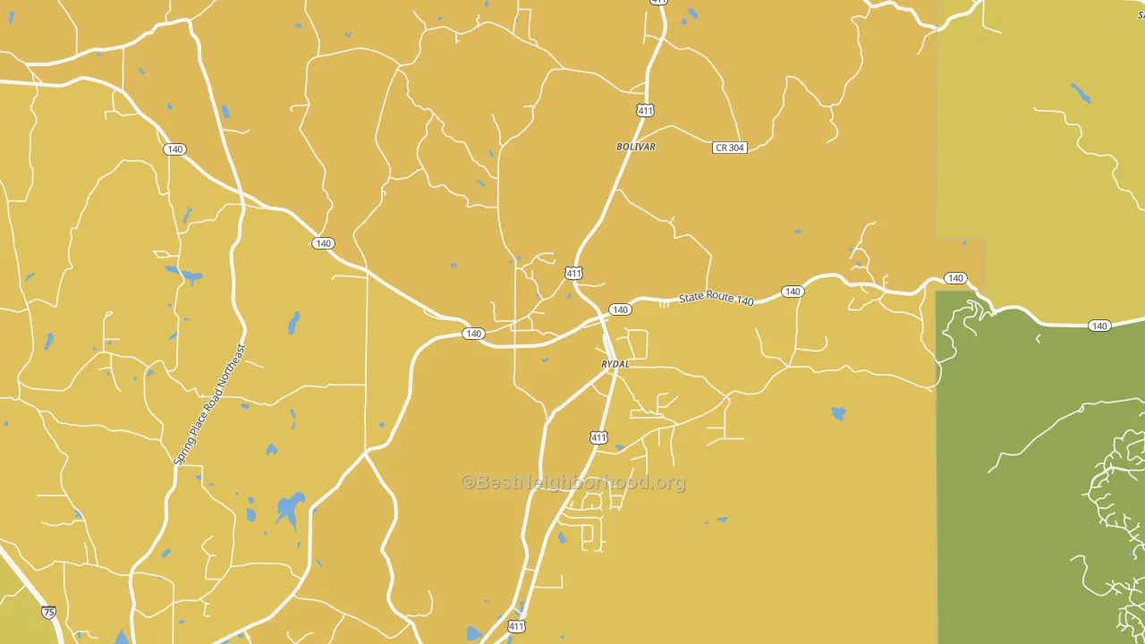 Map of the best neighborhoods in the 30171 area, with better matches in green and worse matches in red