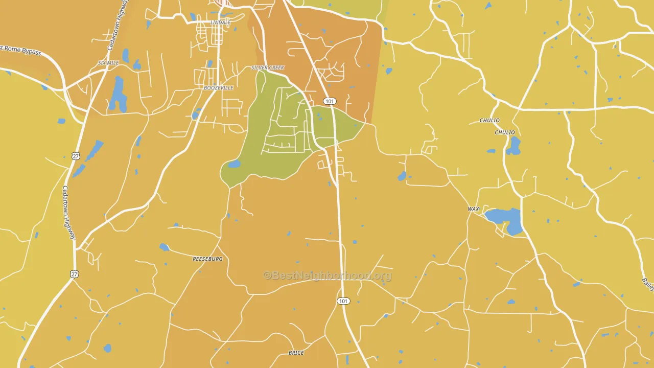 Map of the best neighborhoods in the 30173 area, with better matches in green and worse matches in red