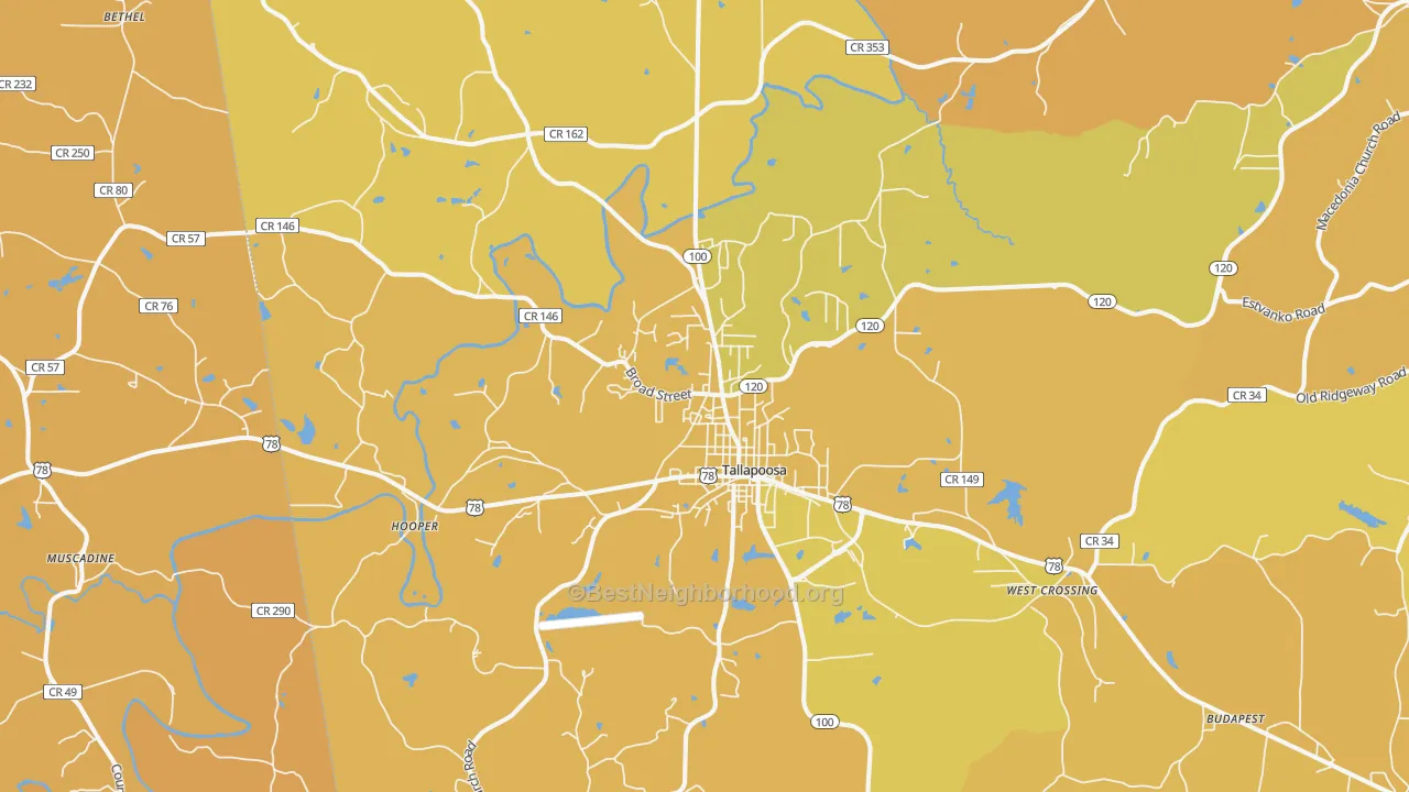Map of the best neighborhoods in the 30176 area, with better matches in green and worse matches in red