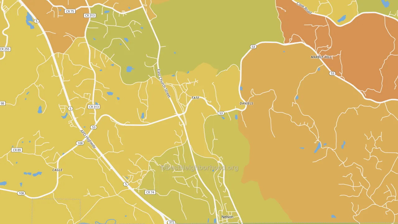Map of the best neighborhoods in the 30177 area, with better matches in green and worse matches in red