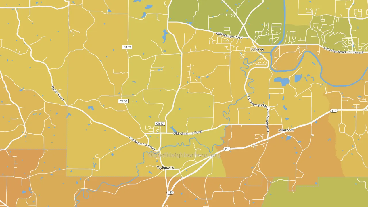 Map of the best neighborhoods in the 30178 area, with better matches in green and worse matches in red