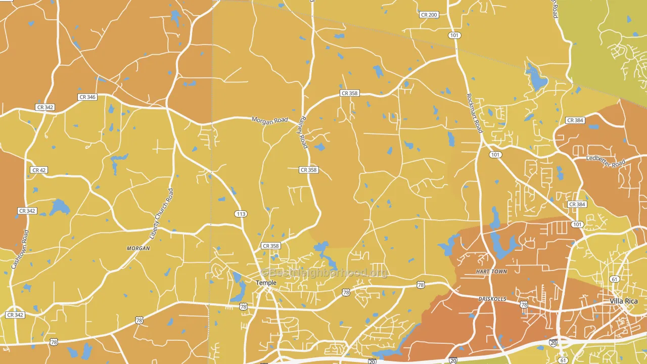 Map of the best neighborhoods in the 30179 area, with better matches in green and worse matches in red