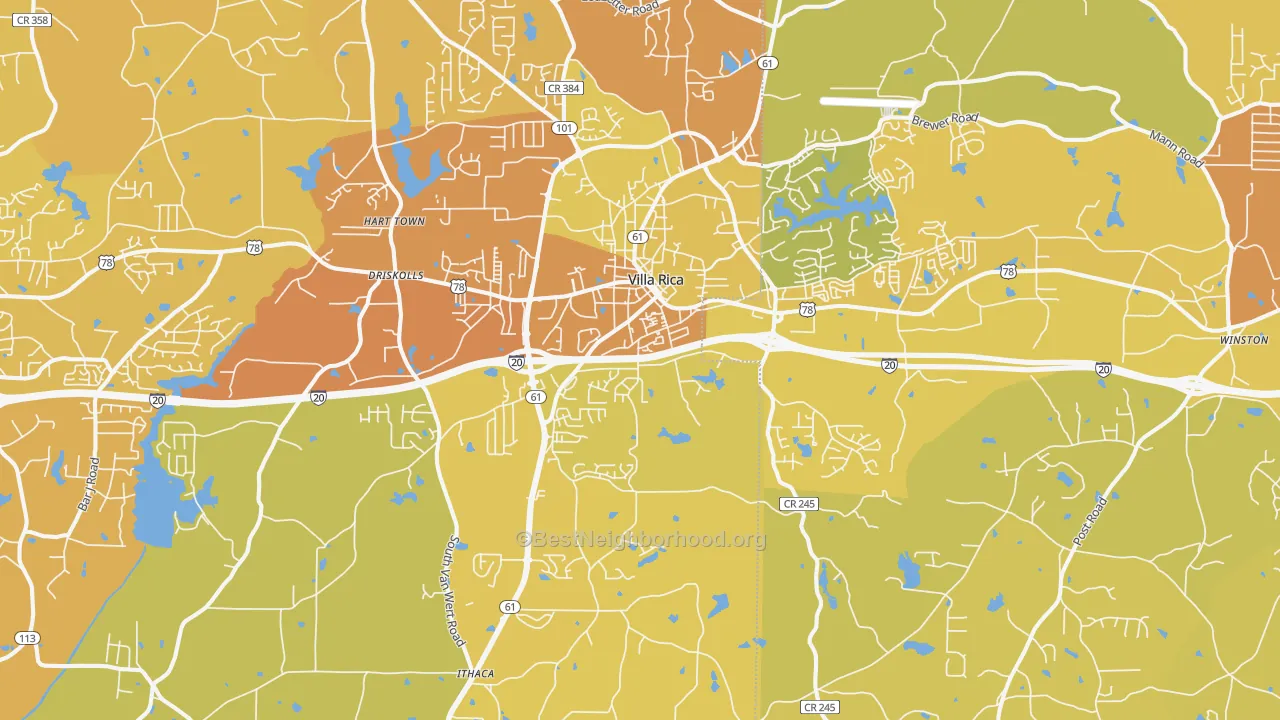 Map of the best neighborhoods in the 30180 area, with better matches in green and worse matches in red