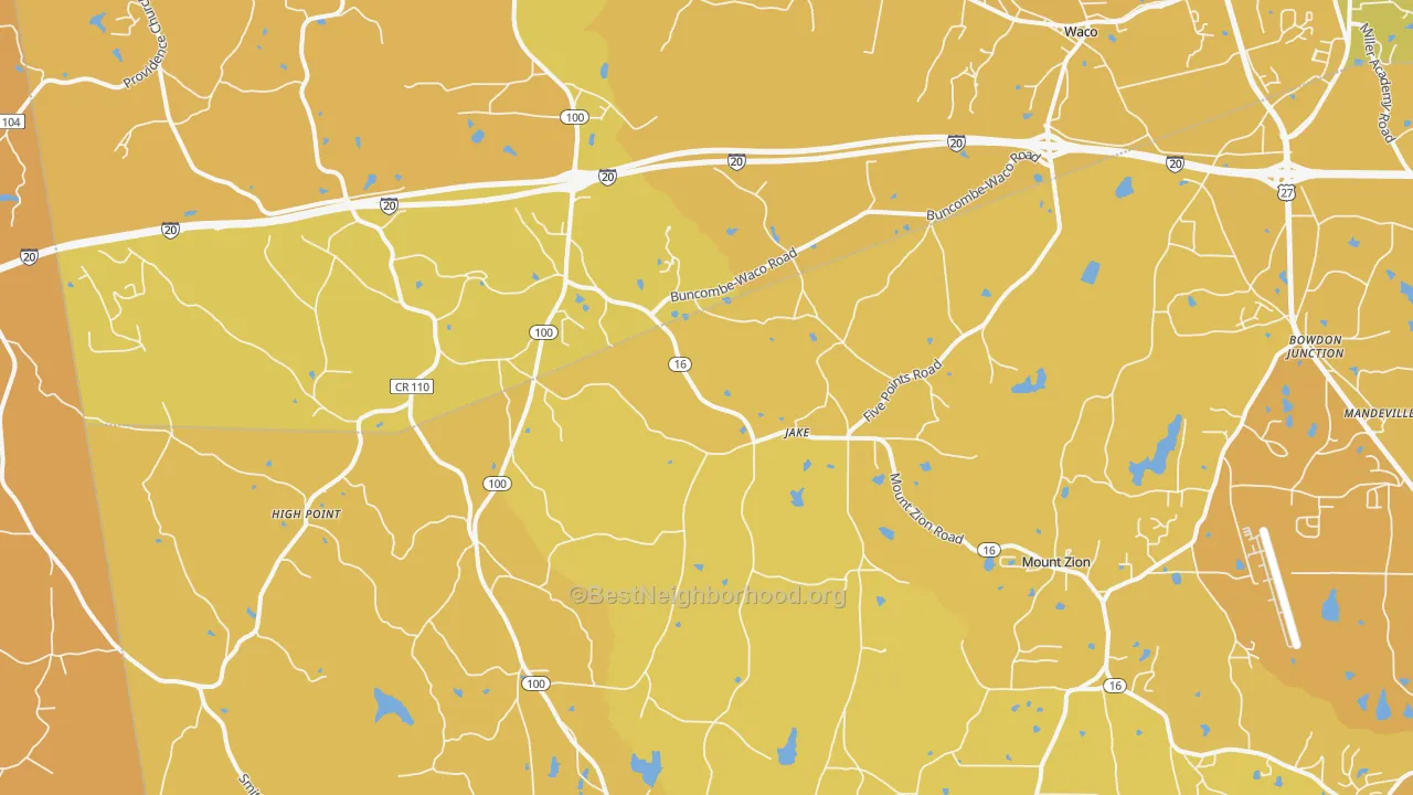 Map of the best neighborhoods in the 30182 area, with better matches in green and worse matches in red