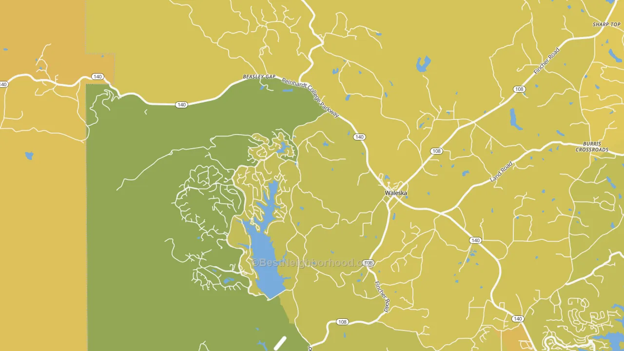 Map of the best neighborhoods in the 30183 area, with better matches in green and worse matches in red