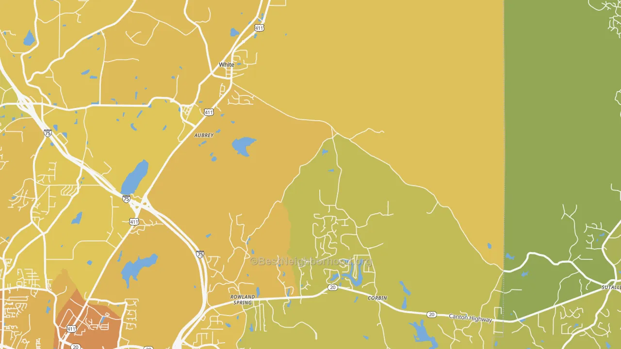Map of the best neighborhoods in the 30184 area, with better matches in green and worse matches in red