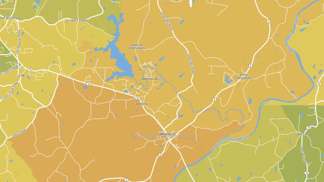 Map of the best neighborhoods in the 30185 area, with better matches in green and worse matches in red