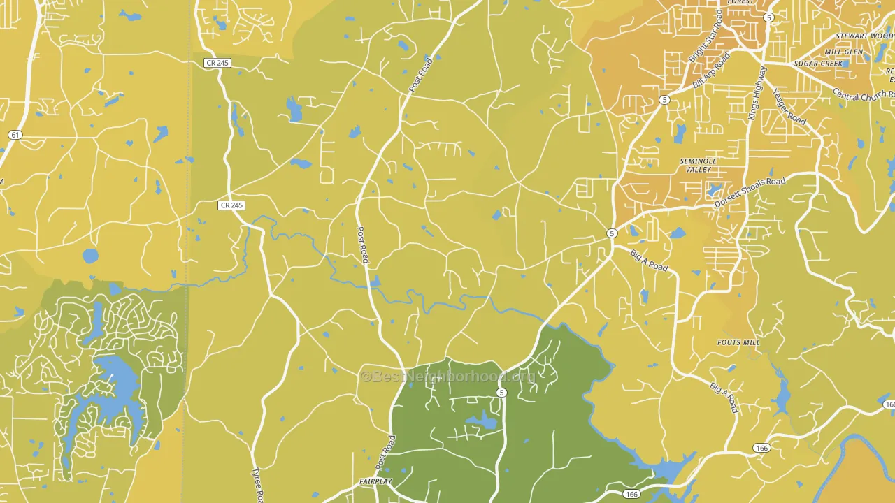 Map of the best neighborhoods in the 30187 area, with better matches in green and worse matches in red